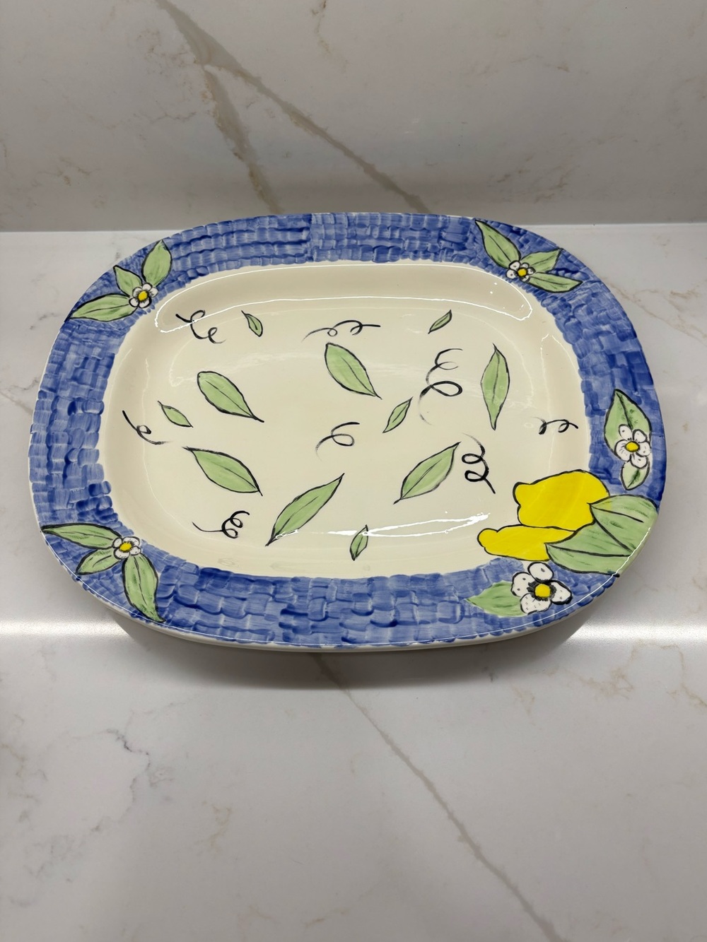 Vintage Hand-Painted with Lemons and Leaves Italian Tuscan Ceramic Serving Tray